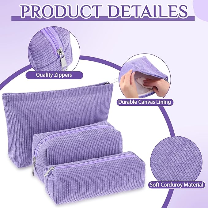 3 Pcs Makeup Bag Set for Women Corduroy Cosmetic Pouch Aesthetic Smile Travel Toiletry Bag Cute Purse Pouch Pencil Case Makeup Brushes Storage Organizer with Zipper(Purple,Solid Style)