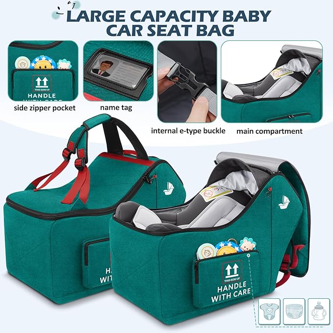 RAINSMORE Infant Car Seat Travel Bag for Airplane Compatible with All Nuna Pipa Car Seat and Base Chicco KeyFit 30 and Base Padded Car Seat Backpack for Travel Carseat Gate Check Bag with Side Pocket
