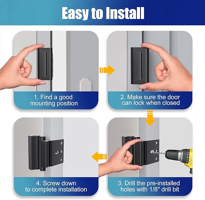 2Pack Door Reinforcement Lock Withstands 800lbs of Force - Black Extra Proof Door Lock for Kids Safety Drilling Required,Prevents Unauthorized Entry,Add a Door Security Locks for Home Safety & Privacy