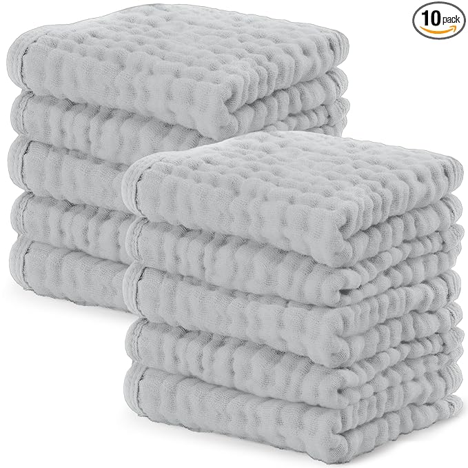 Comfy Cubs Muslin Baby Washcloths 10 Pack - Soft 6-Layer Cotton Wash Cloths for Sensitive Skin - 10"x10" Large, Gentle, Absorbent Infant Essentials for Newborn and Toddlers - Heather Blue