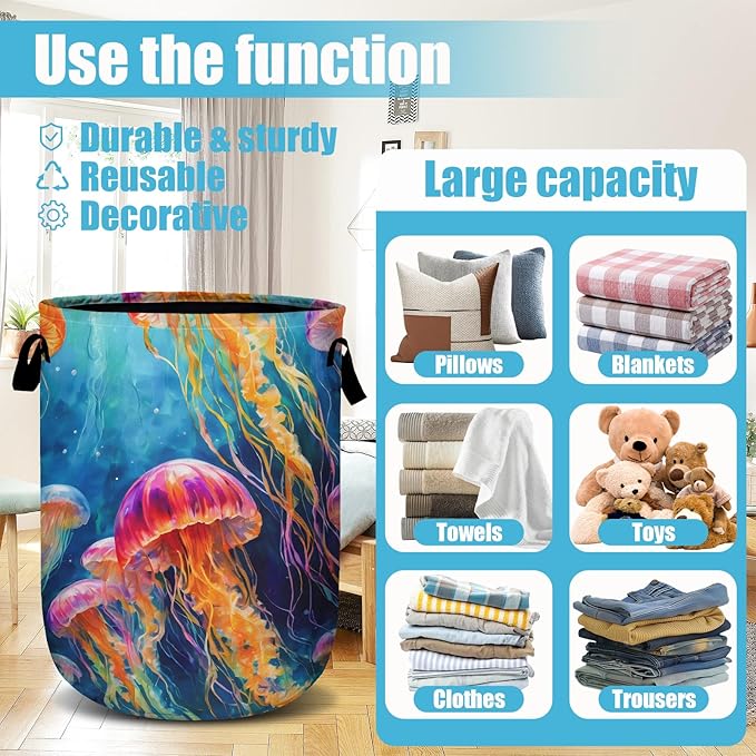 Colorful Jellyfish Ocean Laundry Basket, Laundry Hamper Collapsible Oxford Cloth with Handle Clothes Toy Storage Bin for Bathroom Laundry Room Bedroom 15.7 X 20 Inch