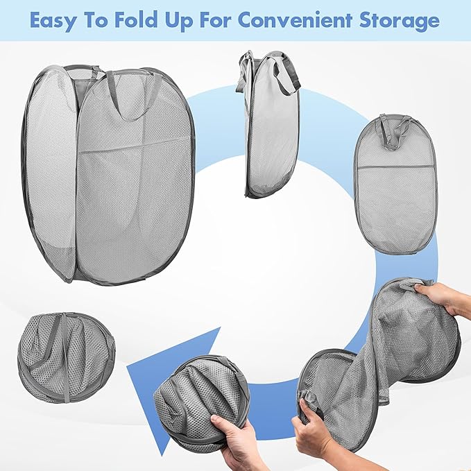 DUCOO Pop Up Laundry Hamper, 70L Collapsible Mesh Laundry Basket with Side Pocket, Foldable Dirty Clothes Hamper with Sturdy Reinforced Handles for Home Dorm Bedroom Travel Bathroom Storage, Gray
