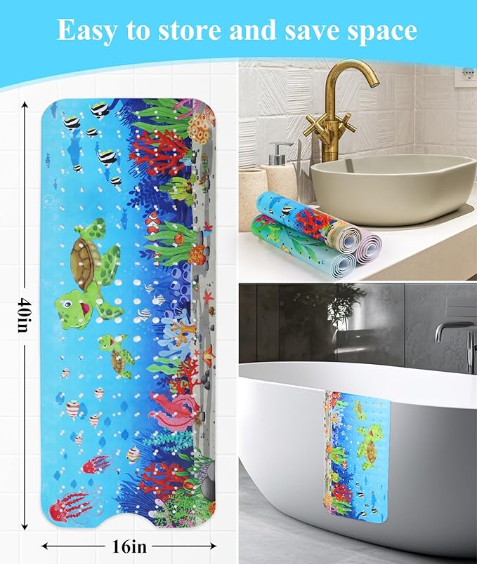 Secopad Bath Mat for Tub Non Slip, Machine Washable Anti-Slip Cartoon Baby Bathtub Shower Mat with Drain Holes and Suction Cups for Toddler & Kids (40 Inch x 16 Inch-Rectangular, Turtles) (Pack of 2)