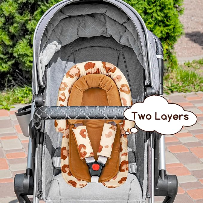 GFU Baby Car Seat Head Support for Newborn, 2 in 1 Infant Car Seat Head Body Support with Strap Pads, Soft Stroller Cushion Pillow Insert for Girls, Fits for Stroller, Swing, Brown