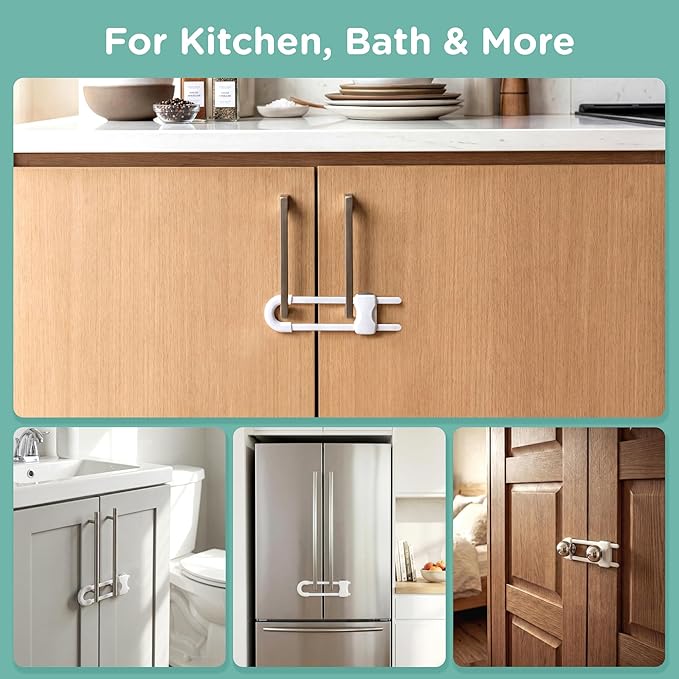 Baby Proofing Cabinets, SKYLA HOMES Sliding Cabinet Locks for kids, Adjustable U-Shaped Child Safety Cabinet Lock for Handles & Knobs, Tool-free Child Proof Latches Lock for Kitchen Bathroom (4 Pack)