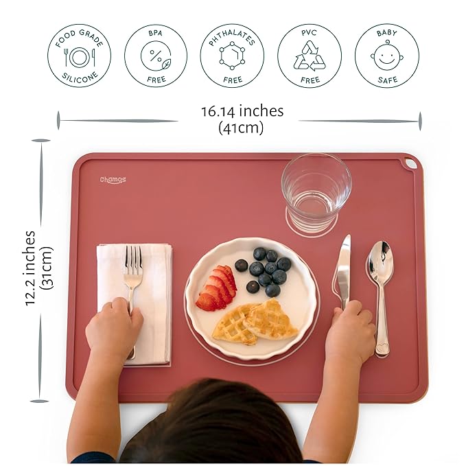 CHAMOS Montessori Placemat for Toddlers - Kids Silicone Mats for Dining Table - Set of 2 - Table Setting Learning (Rose and Grey)