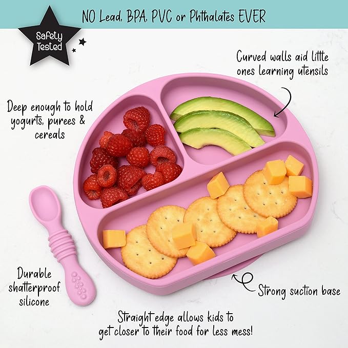 PrimaStella Silicone Baby & Toddler Suction Plate and Spoon Feeding Set - Plum