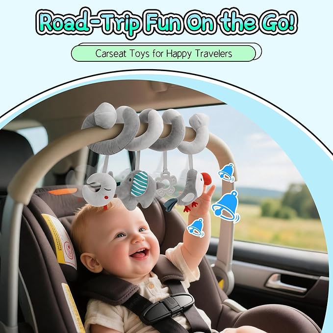 FPVERA Car Seat Toys for Babies 0-6 Months: Travel Baby Toy for Soft Hanging Toys for Carseat, Spiral Stroller Activity Toy Plush for Infant Boys Girls, Grey Elephant