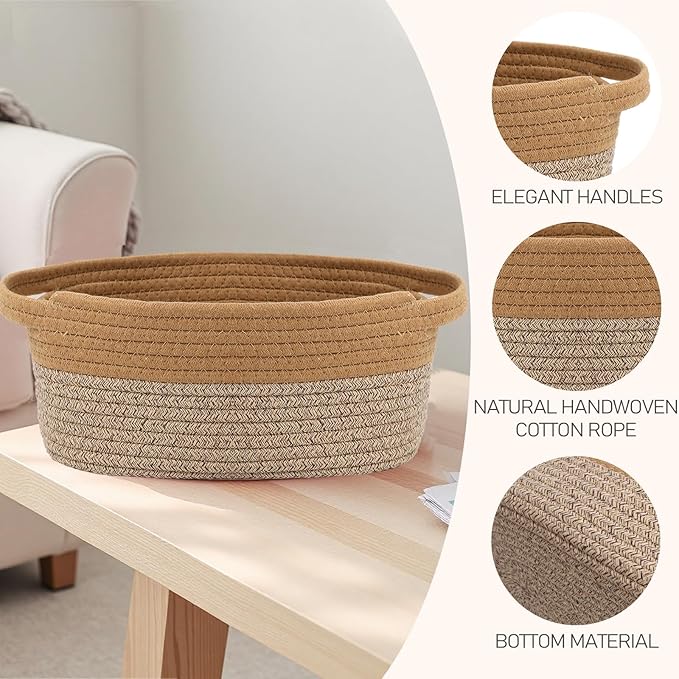 JMvicyroam Woven Basket,Small Rope Storage Bin with Handles & Ribbon Bag, Organizer for Shelves Closets,Gift Basket Empty for Birthday,Books,Dog Toys, Jute&Brown/2 Pack