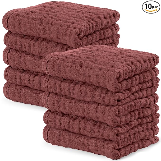 Comfy Cubs Muslin Baby Washcloths 10 Pack - Soft 6-Layer Cotton Wash Cloths for Sensitive Skin - 10"x10" Large, Gentle, Absorbent Infant Essentials for Newborn and Toddlers - Wine
