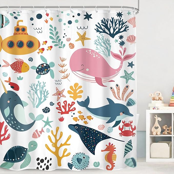 Kids Shower Curtain 72Wx84H Extra Long Ocean Cute Cartoon Whale Funny Kid Bathroom Decor Nursery Boys Girls Underwater Coastal Submarine Fish Animal Bath Curtain Fabric Polyester 12 Pack Hooks