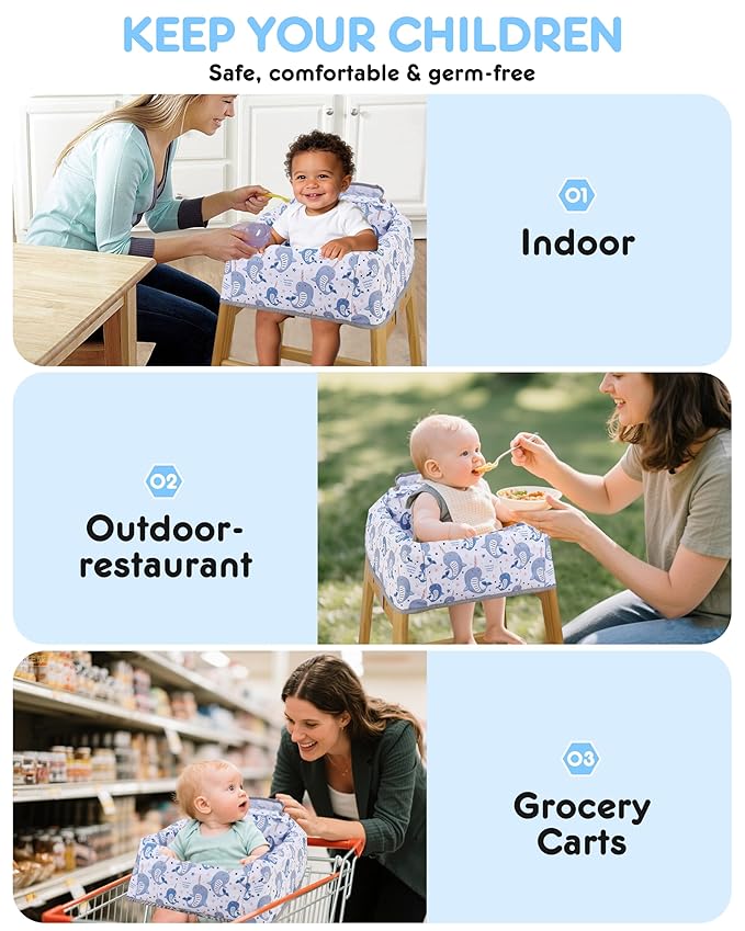 High Chair Cover Portable with 3-Point Harness, Waterproof Baby Seat Cover for Restaurant Travel Home Use, Machine Washable, Fits Wooden Chairs (Blue Whale)
