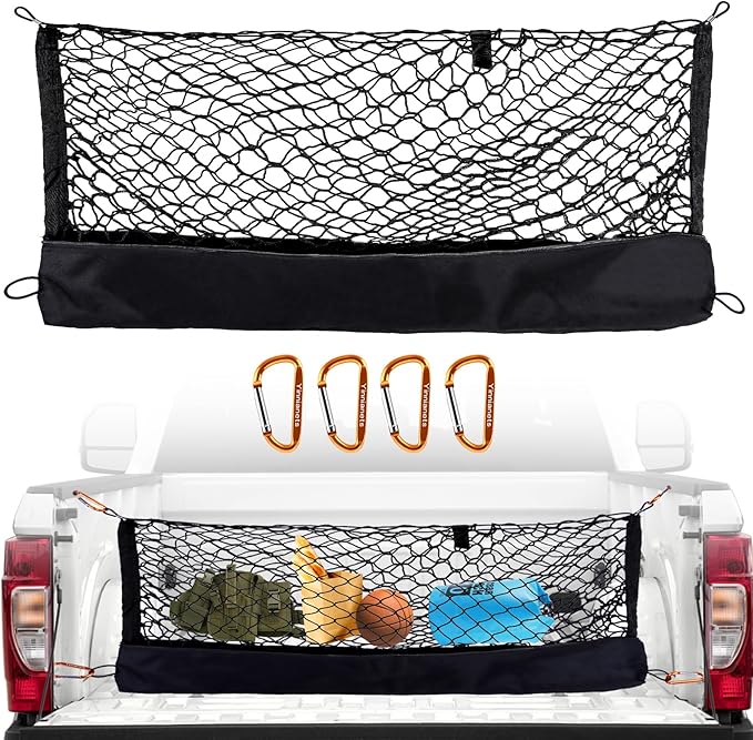 Envelope Style Cargo Net Compatible with Chevy Silverado 1500 2013-2025 & GMC Sierra 1500, Highly Elastic Truck Bed Cargo Net for Silverado Sierra 1500 Accessories, Storage Bag-Carabiners