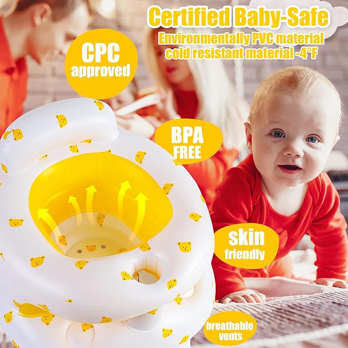 Upgraded Inflatable Baby Seat for Babies 3-36 Months, Inflatable Baby Chair Sit Me Up Floor Seat for Baby, Back Support Baby Seats for Infants for Sitting Up with Built in Air Pump (Yellow Bear)