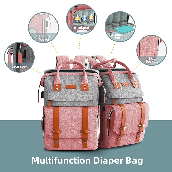 ISMGN Diaper Bag Backpack with Changing Station, Large Diaper Bag, Baby Bag, Multifunctional Diaper Bag, Pinkgray
