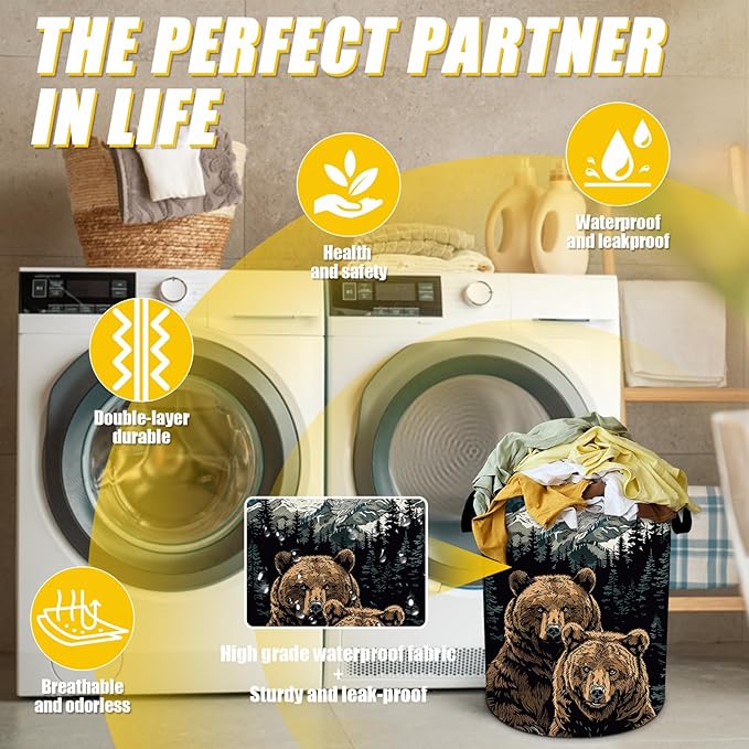 Mountains Bear Laundry Basket,Laundry Hamper With Handles Collapsible Laundry Baskets Waterproof Dirty Clothes Hamper Storage Basket Toy Bins For Room Bathroom Bedroom Decor