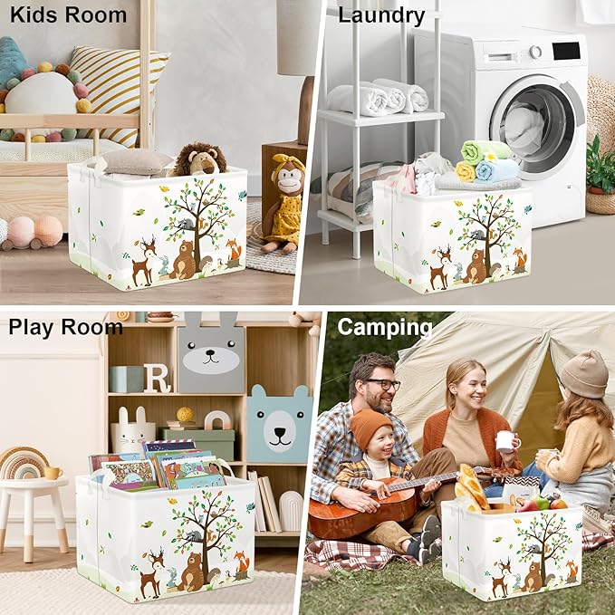 Clastyle Woodland Animals Bear Fox Raccoon Tree Baby Gift Storage Basket Large Deer Owl Collapsible Rectangular Shelf Basket Cute Clothes Towel Toy Book Storage Bin for Nursery