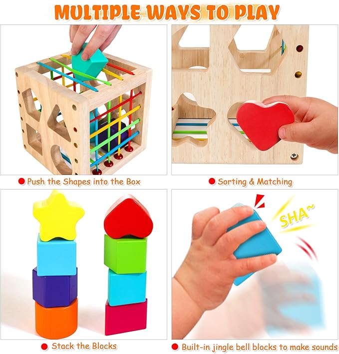 HELLOWOOD Montessori Toys for 1+ Year Old, Wooden Sorter Cube with 8pcs Rattling Shapes, Developmental Learning Toy Gifts for Baby Toddler Boys Girls, Gift Packaging