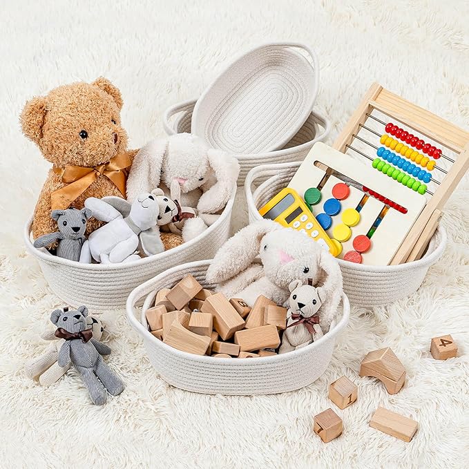 CubesLand Small Woven Rope Toys Basket for Organizing Set 5, Shelves Closet Storage Bins, Empty Gift Baby Shower Basket Also Perfect for Toilet Paper Storage, Organizer Bins Off White