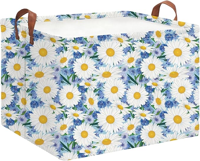 HKEC Rectangle Storage Basket with Handles,Collapsible Storage Bin,Books Box,Gift Basket(Blue Daisy)