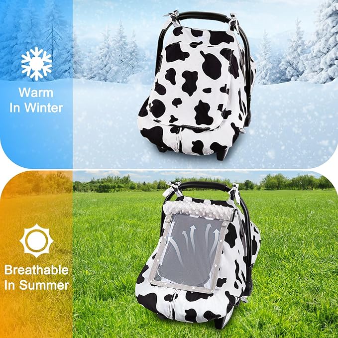 FIOBEE Baby Car Seat Cover, Car Seat Covers for Babies Infant Car Seat Canopy with Breathable Mesh Window Waterproof Carseat Cover for Babies Boy Girl 4 Seasons, White/Cow