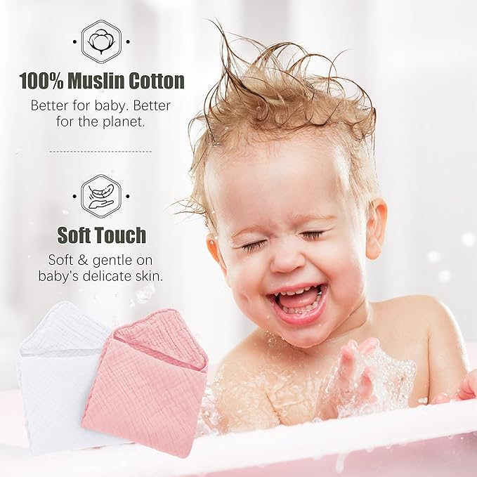 Spotted Play 2 Pack Hooded Baby Towels - 100% Muslin Cotton for Newborns, Infants, Toddlers - Large 32x32Inch Size - Highly Absorbent and Essential for Newborn Care, White and Pink