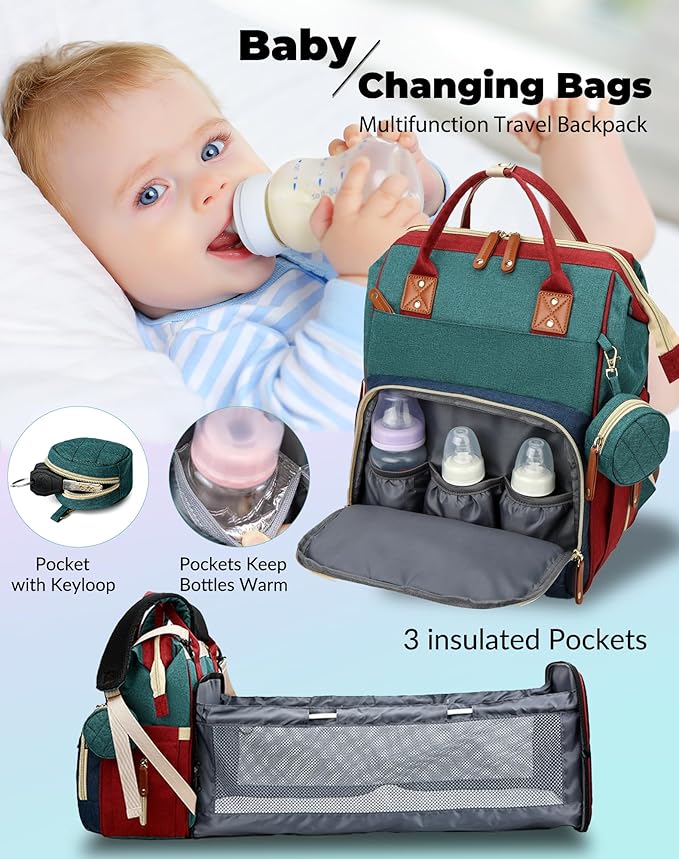 Lamroro Diaper Bag with Changing Station, Waterproof 3 in 1 Diaper Backpack with Foldable Changing Pad, Baby Registry Search &Baby Shower Gifts - Newborn Essentials, Red-Green-Blue