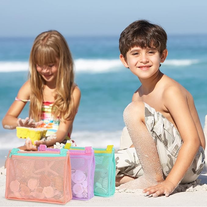 Tagitary Beach Toy Mesh Beach Bag Kids Shell Collecting Bag Beach Sand Toy Shells Beach Toys Swimming Accessories for Boys and Girls(Only Bags,A Set of 3)