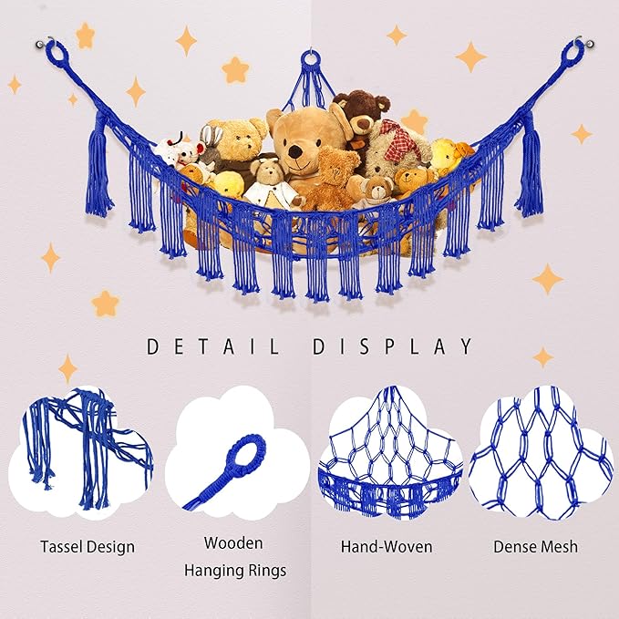CERETIA Stuffed Animal Hammock with LED Light, Large Stuffed Animals Storage Corner Plushie Net for Kids Room Decor, Jumbo Royal Blue