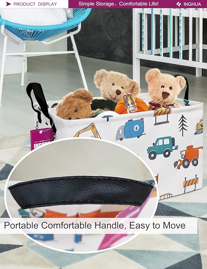 INGHUA Rectangular Storage Basket Fabric Organizer Bin for Toys,Books,Clothes,Gifts,Pets-Perfect for Home,Office,Nursery,Dorm,Shelf(Rec-Vehicles )