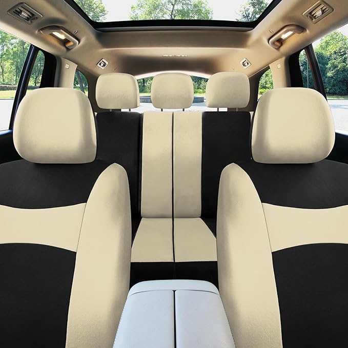 Automotive Seat Covers Beige Black Universal Fit Seat Cover Combo Set with Steering Wheel Cover and Seat Belt Pad (Airbag Compatible and Split Bench)