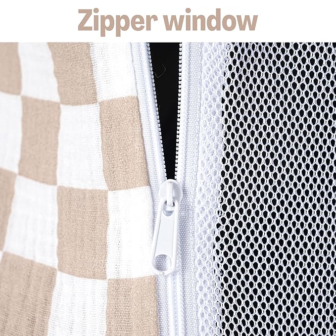 Summer Muslin Car Seat Cover for Baby – Breathable & Privacy Canopy with Large Mesh Window,3 Adjustable Modes,Easy Install Universal Fit for Infant Car Seats (Khaki Checkered)