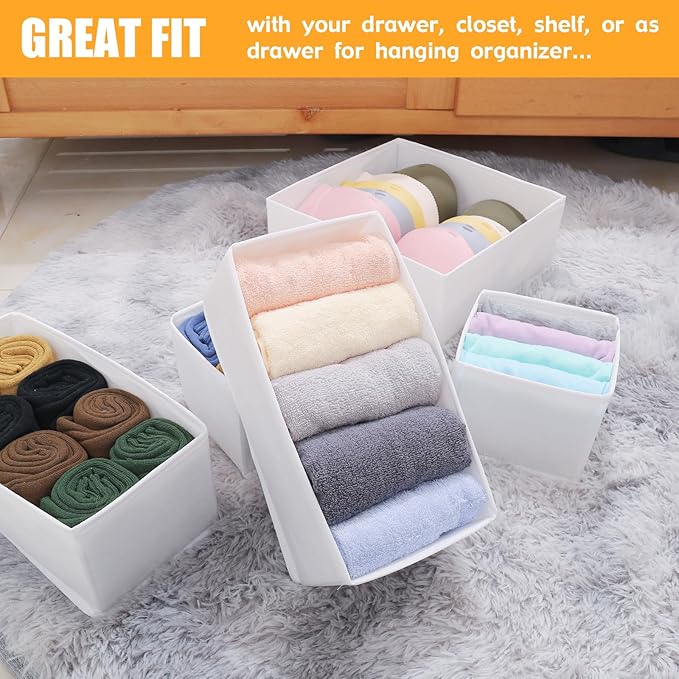 Foldable Dresser Drawer Organizers for Clothes, Underwear, Socks, Bras - Cloth Storage Box Divider Basket Bins, 14 Pack (White)