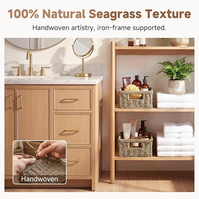 StorageWorks Rectangle Wicker Baskets for Organizing, Wicker Storage Baskets for Shelves, Decorative Basket, Seagrass Baskets with Handles, 2-Pack, 13" L x 8¼"W x 4¾"H