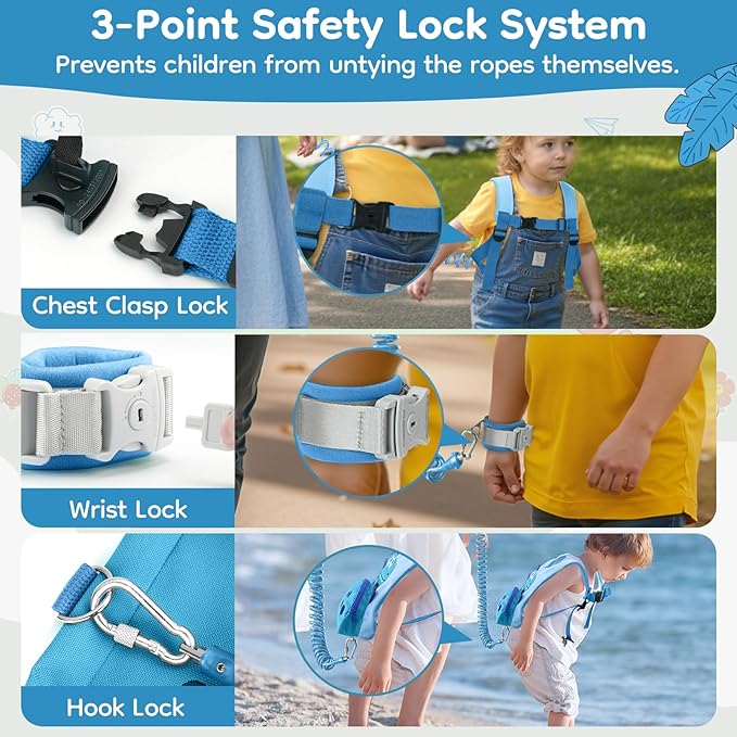 Dr.meter 3 in 1 Toddler Harness Leash + 8.2ft Anti Lost Wrist Link, Cute Dinosaur Kids Safety Harness with Key Lock, Child Walking Harness Assistant Strap for Outdoor Activity Travel