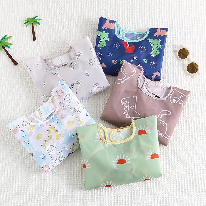 Hafftnun Long Sleeved Bibs,5 PCS Waterproof Wearable Bibs with Sleeves,Baby Feeding Smock 6-30 Months