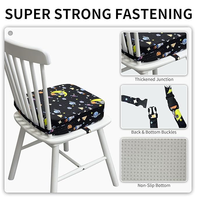 Toddler Booster Seat for Dining Table, Waterproof Kids Booster Seat for Kitchen Chair, High Density Foam Cushion with Non-Slip Bottom, Washable Cover & Adjustable Straps (Black Starry Sky)