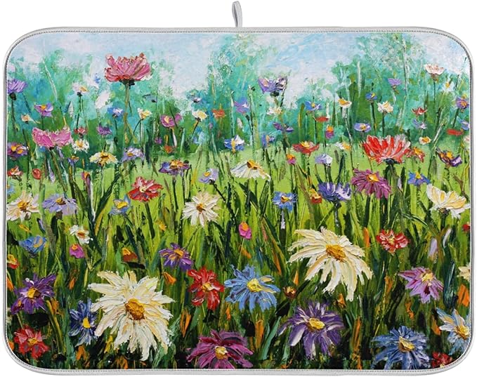 Absorbent Dish Drying Mat for Kitchen Counter - Oil Painting Flowers Microfiber Drying Pad, Reversible Drainer Mats for Countertop, Small 16" x 18"