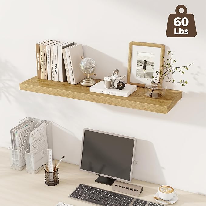Fun Memories 12 Deep Floating Shelves, 40W x 12D Floating Shelves for Wall Set of 2, Extra Deeper Hanging Wood Shelves for Wall for Living Room Kitchen Laundry Room Kitchen Home Office - Oak