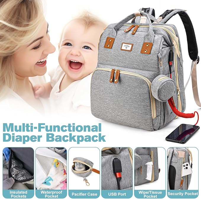 JSTPRO Diaper Bag Backpack, Large Waterproof Lightweight Diaper Bag with Changing Station, Insulated Pockets, USB Port & Stroller Straps, Travel Baby Bag for Mom and Dad, Baby Shower Gifts (Grey)