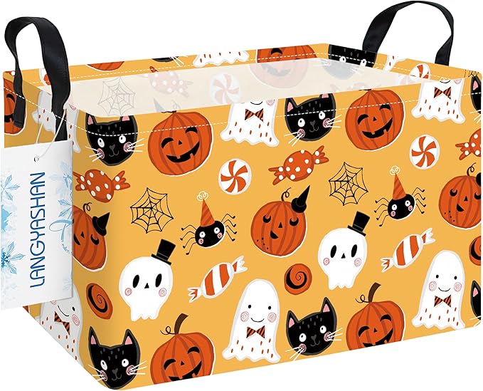 LANGYASHAN Rectangular Halloween Storage Bin Collapse Canvas Fabric Cartoon Storage Basket Home Kitchen Boys and Girls Toys Office Closet Shelf Baskets (Rec Halloween Pumpkin Ghost)