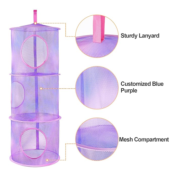 Basumee Stuffed Animals Net or Hammock 2 Pcs Stuffed Animals Storage Toy Net Hammock for Plushies Storage Organizer Mesh Kids Girls Room Decor, Purple, 3 Tiers