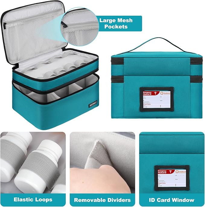 LEFOR·Z Medicine Storage Bag,Double Layers Pill Bottle Organizer Bag Empty with Lockable Zipper&Adjustable Divider,Medication Travel Carrying Bag for Pills,Vitamins,Medical Supplies,Teal Color