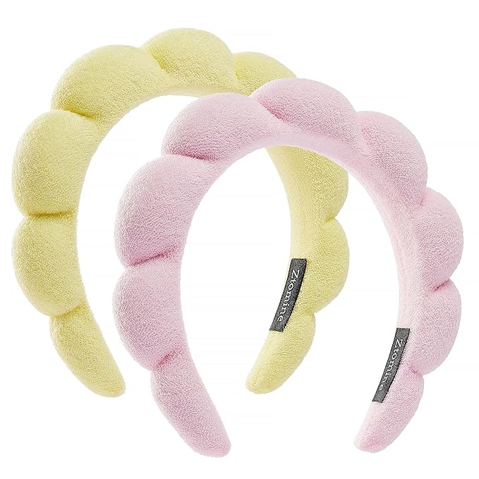 Spa Terry Cloth Headbands for Face Washing - Set of 2 Puffy Makeup Headbands, Mask (Pink + Light Yellow)