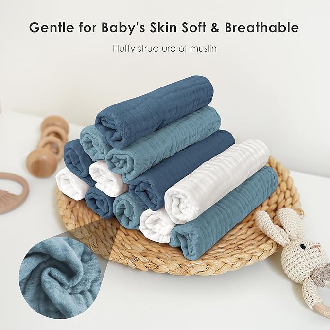 Muslin Burp Cloths for Baby 100% Cotton Burping Cloths for Unisex, Boy, Girl - Large 20'' by 10'' Newborn Essentials Ultra Soft Absorbent Milk Spit Up Rags - 12 Pack - White+Light Navy Series