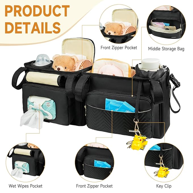 Double Stroller Caddy Compatible with Bob Duallie,Baby Jogger City Mini Gt2 and Zoe Twin V2,Double Stroller Parent Console with Cooler Bag and Cup Holder,Black