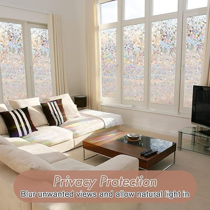 Haton Window Privacy Film, Stained Glass Rainbow Film Decorative Window Clings, Static Cling Sun Blocking Stickers Decals Coverings Tint for Home Heat Control, Non-Adhesive 17.5" x 78.7"