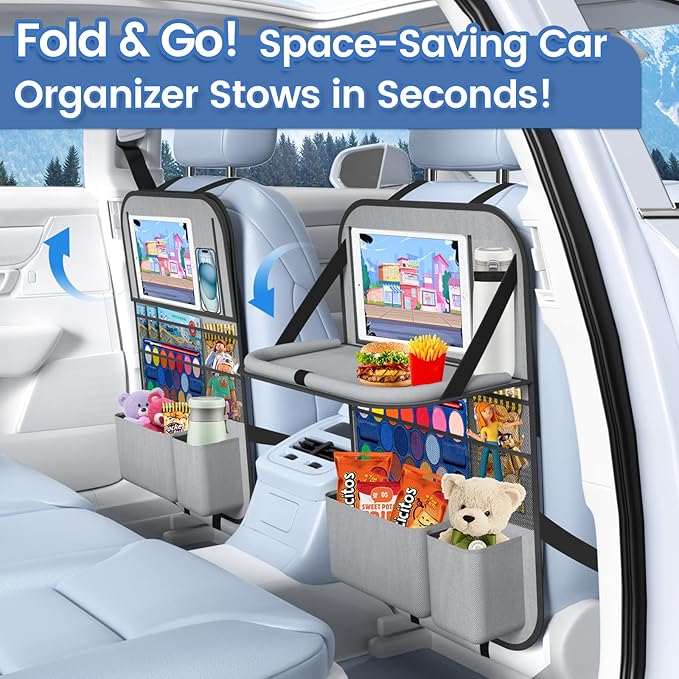 Oneyus 2PACK-Car Backseat Organizer with Touch Screen Tablet Holder,9 Storage Pockets Storage Organizer with Foldable Food Tray, Protector Kick Mats for Kids, Travel Accessories Organizer (Grey)