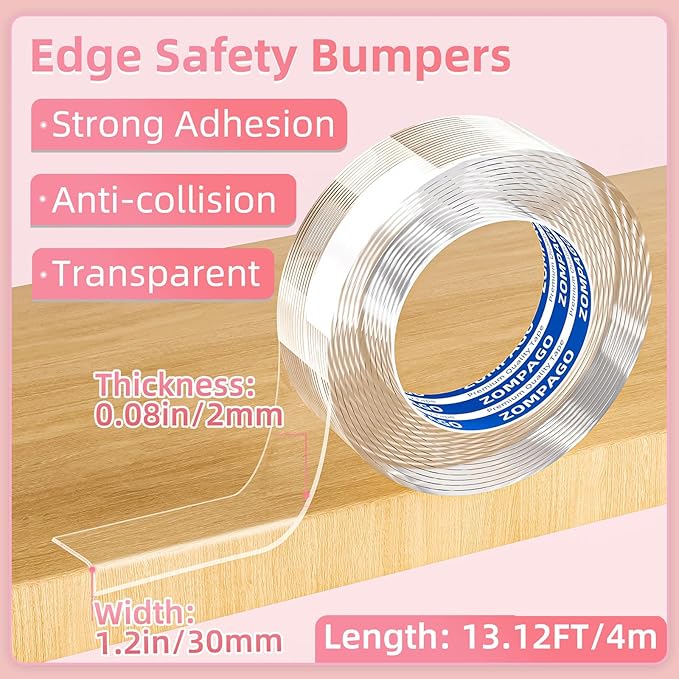 BabySafe Acrylic Clear Tape - 2mm Thick Baby Proofing Tape, 1.2in(W)× 13 FT (L), High Strength Adhesive No Residue Waterproof Furniture Edge Protector
