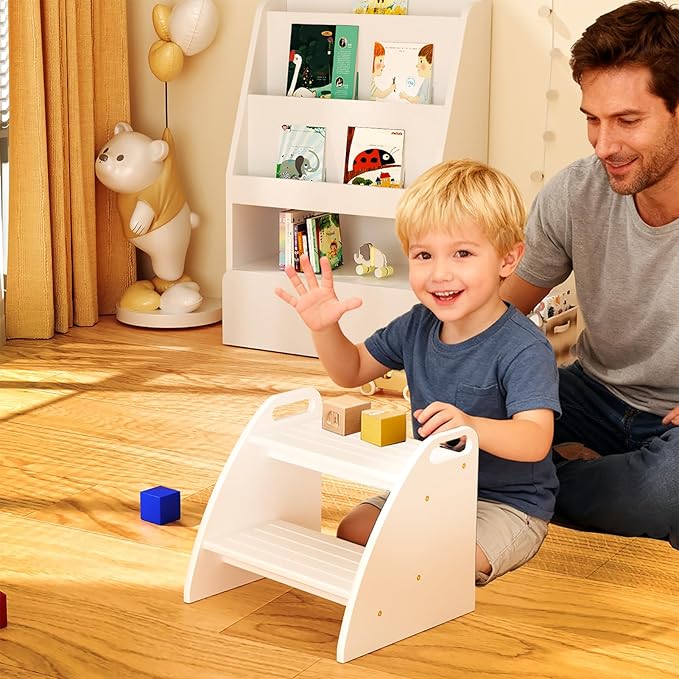 Step Stool for Toddlers, Two Stepping Stool Toddler 300lbs Capacity, with Non-Slip Handles and Pads,White Kids Step Stool for Bathroom Sink, Perfect Natural Wooden Step Stool for Kitchen